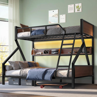 HKOLIE Twin XL Over Queen Bunk Bed with Storage Shelves & LED Lights, Heavy Duty Metal Bunk Bed Frame with Stairs, Noise-Free Design, Space-Saving Bed with Guardrails for Kids, Teens & Adults, Black