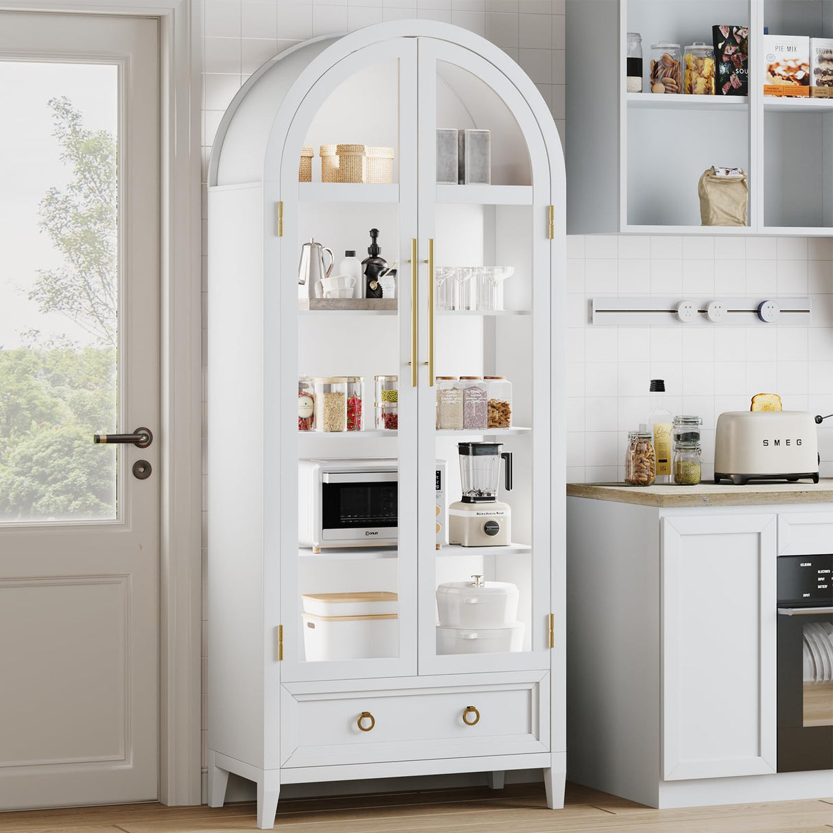 HNEBC Book Shelf with LED Lights, Arched Display Case with Storage Cabinet, Smart Pantry Cabinet with Glass Door, Bookcase, Toy Organizer with Solid Wood Legs for Livng Room/Bedroom Furnniture-White HNEBC