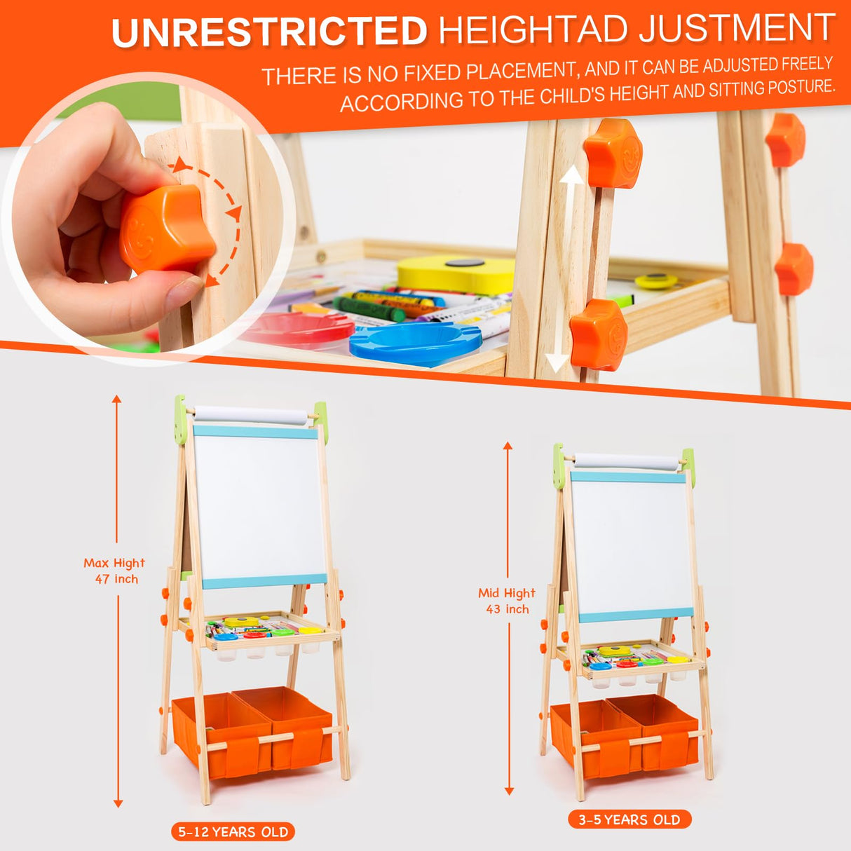 Kids Easel Including 100+ Accessories, Rundad Double Sided Wooden Easel for Kids Age 3-8 with Magnetic Chalkboard & Painting Board, Free Height Adjustable Art Easel Supplies for Toddlers Rundad