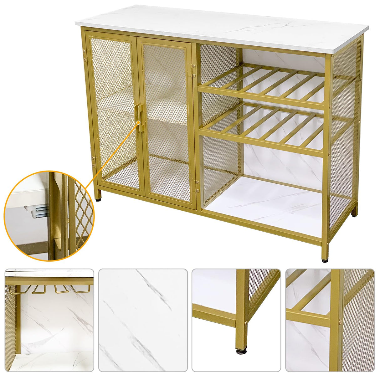 AT-VALY Bar Cabinets with Wine Rack and Glass Rack,Small Sideboard and Buffet Cabinet with Mesh Doors (Gold) AT-VALY