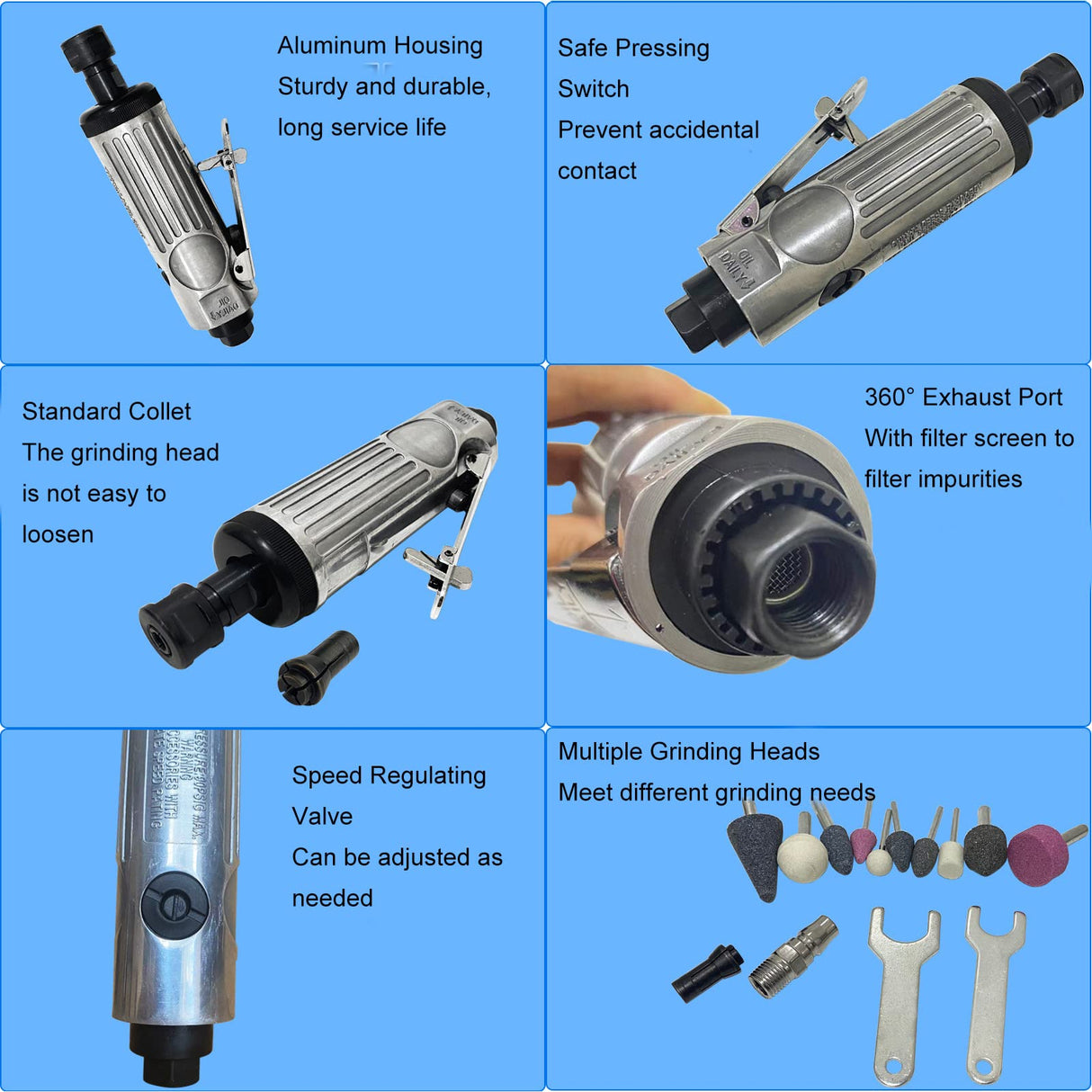 1/4 Inch Air Die Grinder Kit, Portable Straight Grinder, 22000 RPM Pneumatic Air Die Grinder Polishing Grinding Machine Heavy Duty Industrial Polisher Grinding Tool TOPINCN