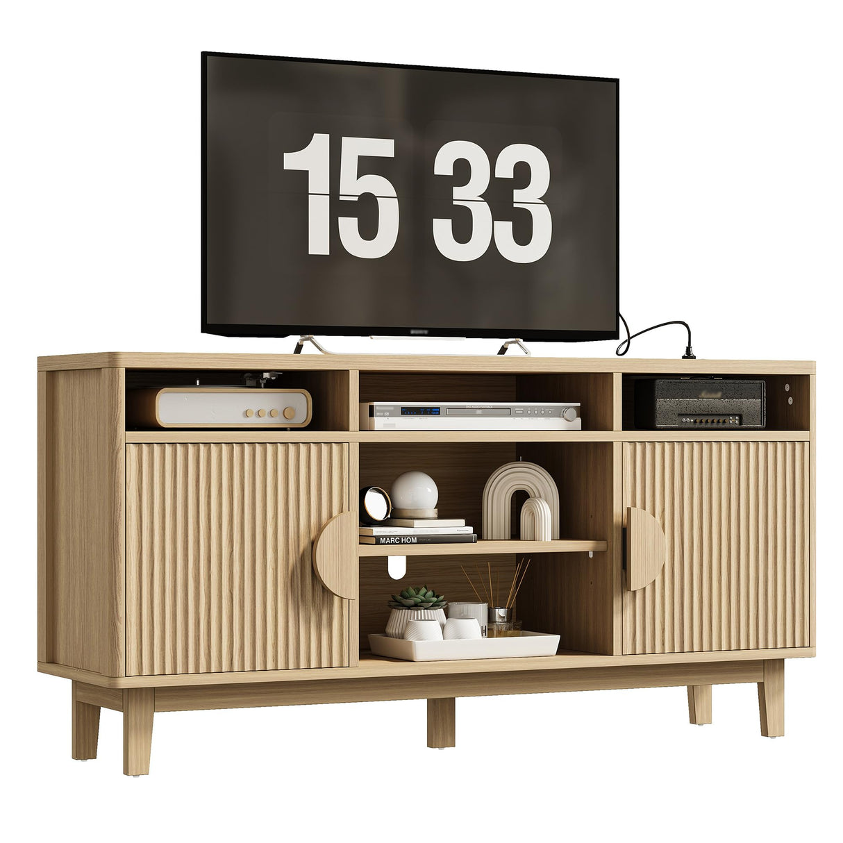 IRONCK TV Stand for 65 Inch TV, 59 Inch Entertainment Center with Storage and Charging Station, Modern Media Console with 3 Adjustable Shelf, Fluted Doors Design, Natural Oak IRONCK