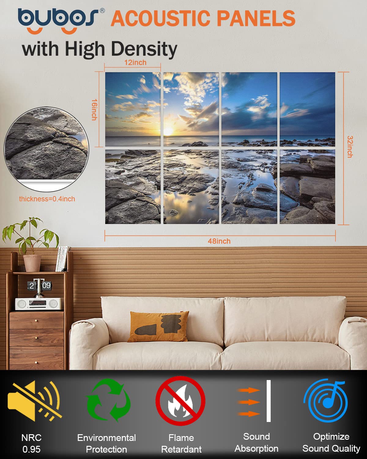 BUBOS 8 Pack Art Acoustic Panels Self-adhesive Soundproof Wall Panels,48X32Inches Sound Absorbing Panels,Decorative Acoustical Wall Panels, Acoustic Treatment for Recording Studio (Coastal rocks) BUBOS