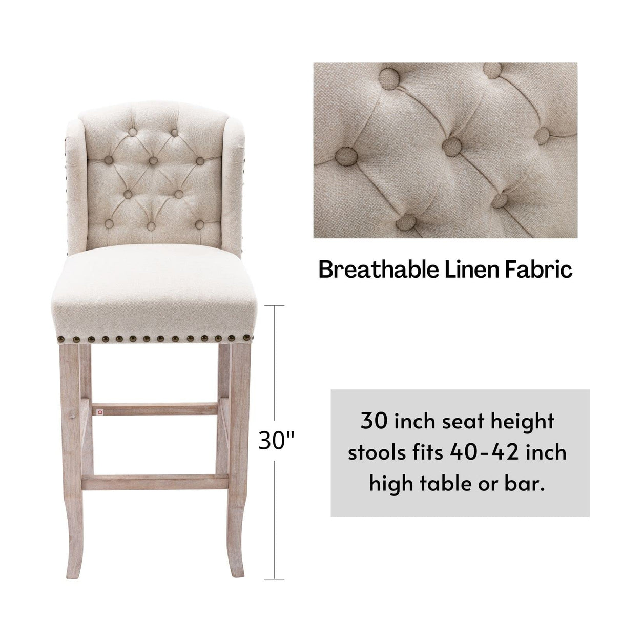LukeAlon Classic 30" Linen Bar Stools Set of 4, Button Tufted Wingback Tall Bar Chairs with Wooden Legs Farmhouse High Kitchen Stool with Nailhead Trim for Home Breakfast Bar, Beige LukeAlon