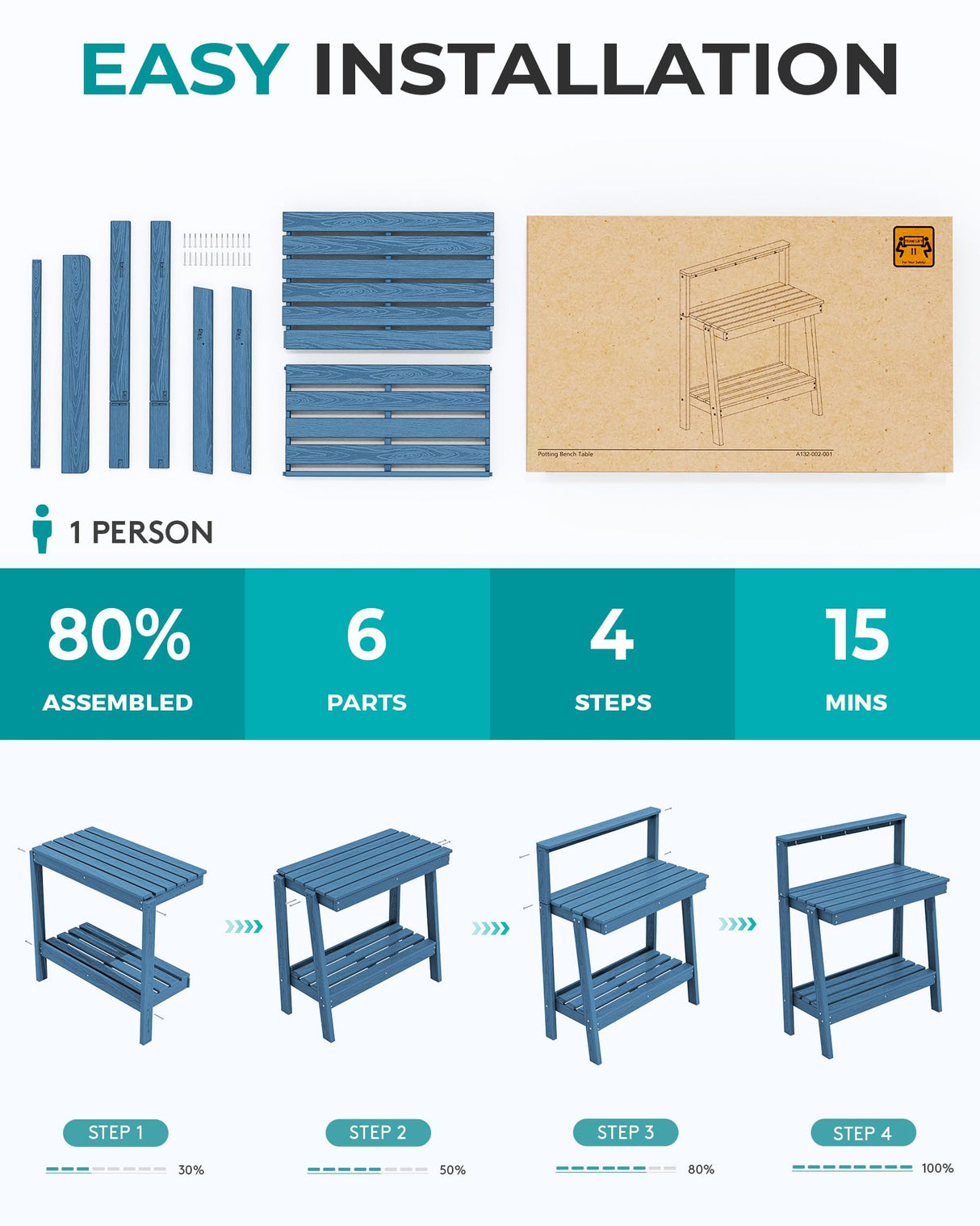 SERWALL Potting Bench Outdoor with Storage, 3-Tier HDPE Gardening Table with Angled Legs & Tool Hooks, All-Weather Heavy Duty Potting Table for Patio, Backyard, Garden, Blue SERWALL