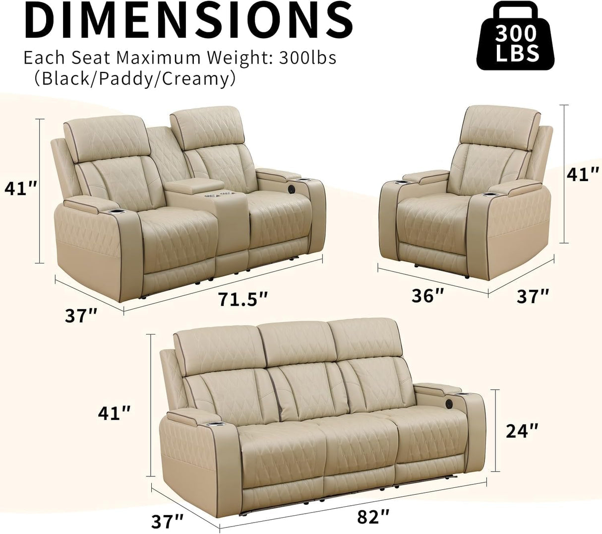 AYCP Furniture Power Recliner Set with LED Lights, Quilted Air Leather Reclining Set with USB Port/Storage/Cup Holder/Reader Light for House/Home Theater/Apt/Rv/Office (Beige, 3PC Full Set) AYCP Furniture