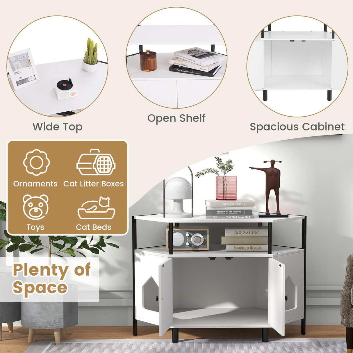 PETSITE Corner Cat Litter Box Enclosure, Litter Box Corner Cabinet with 2 Entrances, Open Shelf, and Double Doors, Industrial/Modern Style Hidden Litter Box Furniture for Cat Kitty (White) PETSITE