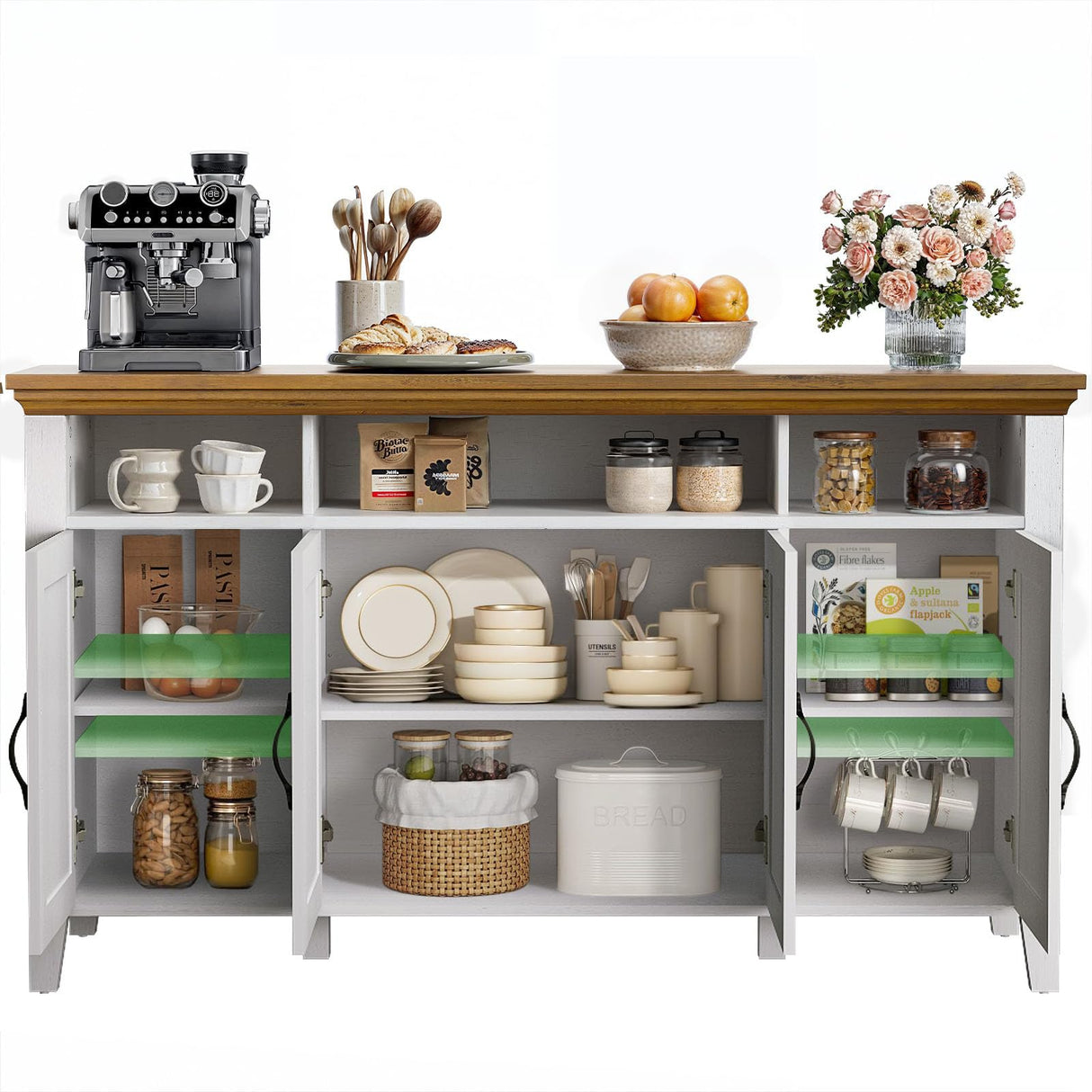 Marsail 55" Buffet Cabinet with Storage, Farmhouse Kitchen Sideboard Cabinet w/4 Doors & Shelves, Coffee Bar Buffet Table for Dining Room, Brown White Marsail