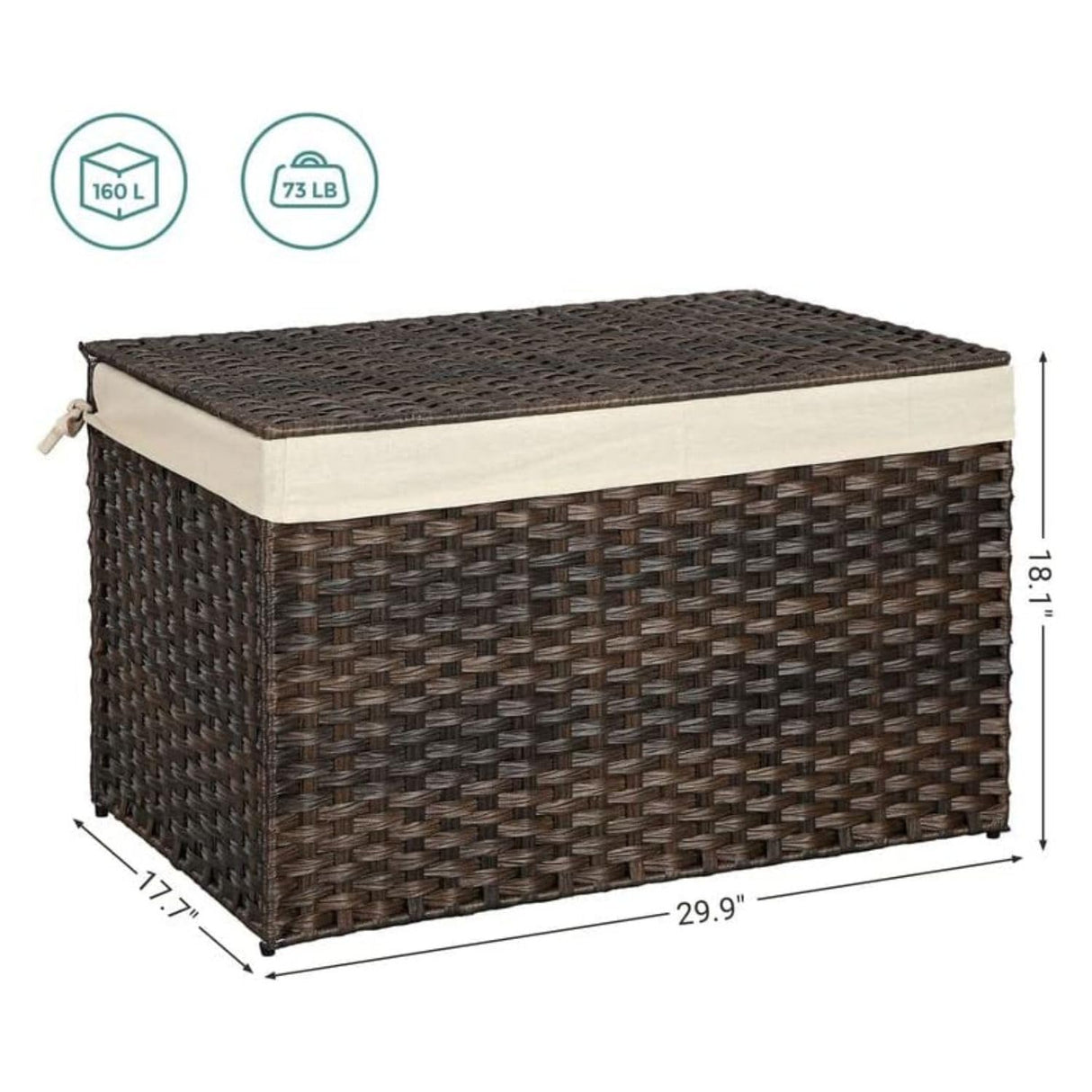 SONGMICS Storage Basket with Lid, 42.3 Gallon (160L) Storage Bin, Woven Blanket Storage Basket with Handles, Foldable, Removable Liner, Metal Frame, for Bedroom, Laundry Room, Brown URST76BR SONGMICS