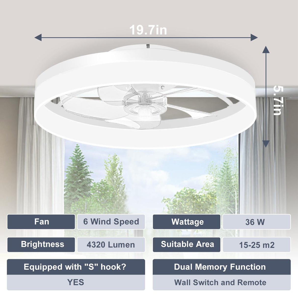 VOLISUN Low Profile Ceiling Fans with Lights and Remote, 19.7in Fandelier Ceiling Fan Flush Mount, 3000K-6500K Smart Bladeless LED Fan Light, White Modern Ceiling Fans with Lights for Bedroom VOLISUN