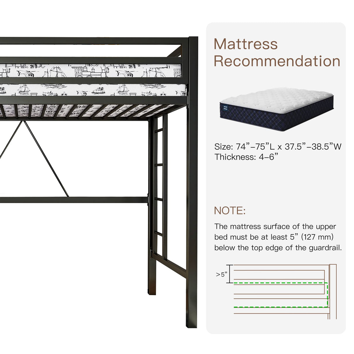 Multifunctional Metal Loft Bed Twin Size with Safety Guard and Removable Ladder in Matte Black ikalido