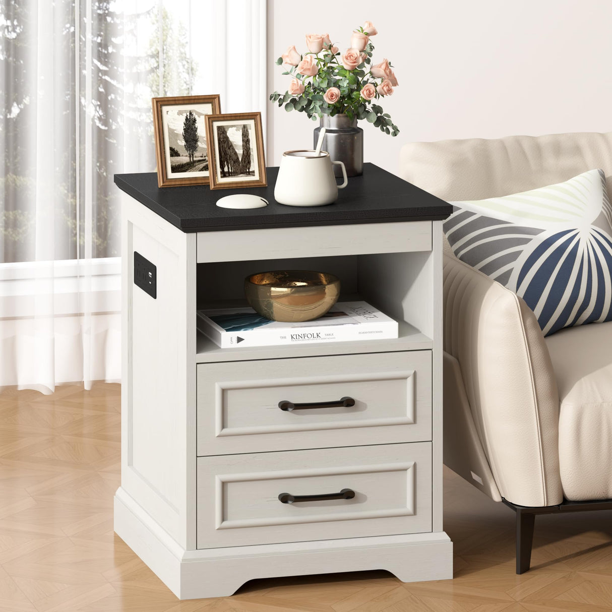 Gadroad 18" Farmhouse Accent Nightstand with Charging Station, End Table with 3 Drawers Storage, Side Table, Bedside Cabinet for LivingRoom Bedroom Office, Antique White Gadroad