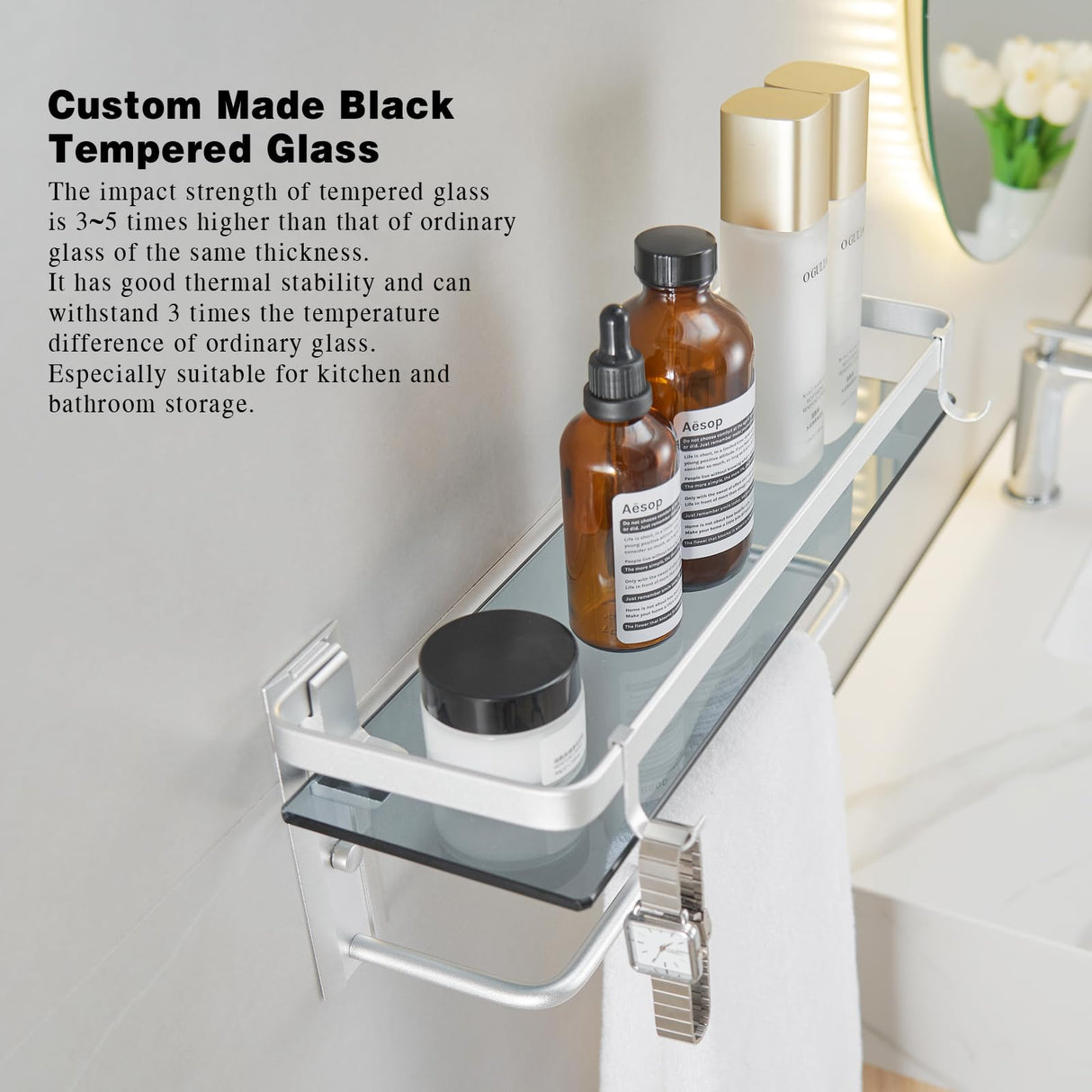 VOLPONE Glass Shelf for Bathroom 15.7 in Bathroom Shelves with Towel Bar Tempered Glass Shelves with 4 Removable Hooks for Wall(2 Tier) VOLPONE