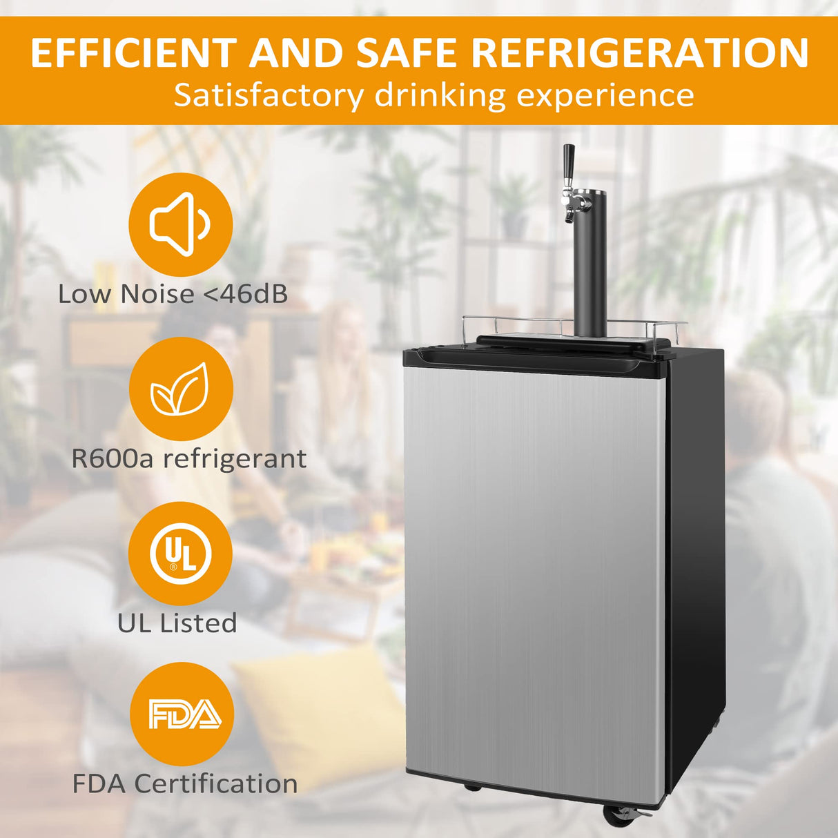 3.4 Cu.Ft. Kegerator, Keg Beer Cooler for Beer Dispensing with 4 Casters, CO2 Cylinder, Temperature Control, Drip Tray, Black Stainless Steel E-Macht