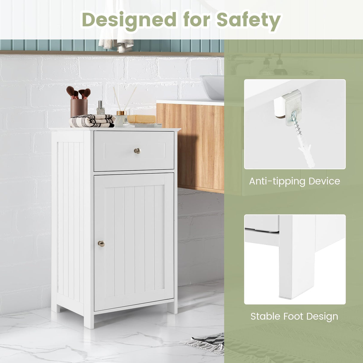 Tangkula White Freestanding Small Bathroom Cabinet with Adjustable Shelf and Drawer for Optimal Storage Tangkula