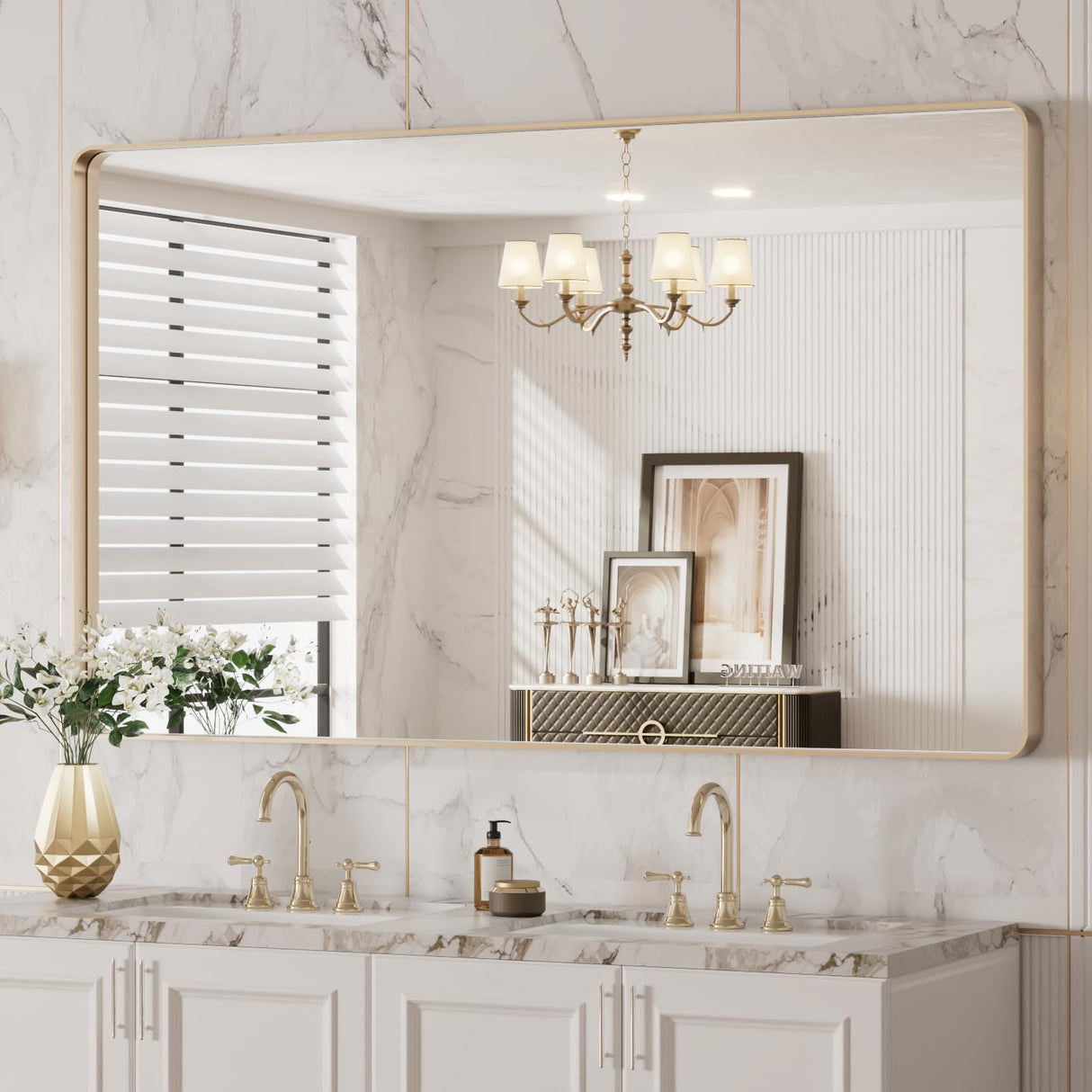 LOAAO 50”X30” Gold Bathroom Mirror, Rounded Rectangle Gold Frame Mirror, Brushed Gold Bathroom Vanity Mirror Wall-Mounted, Anti-Rust, Tempered Glass, Hangs Horizontally or Vertically LOAAO
