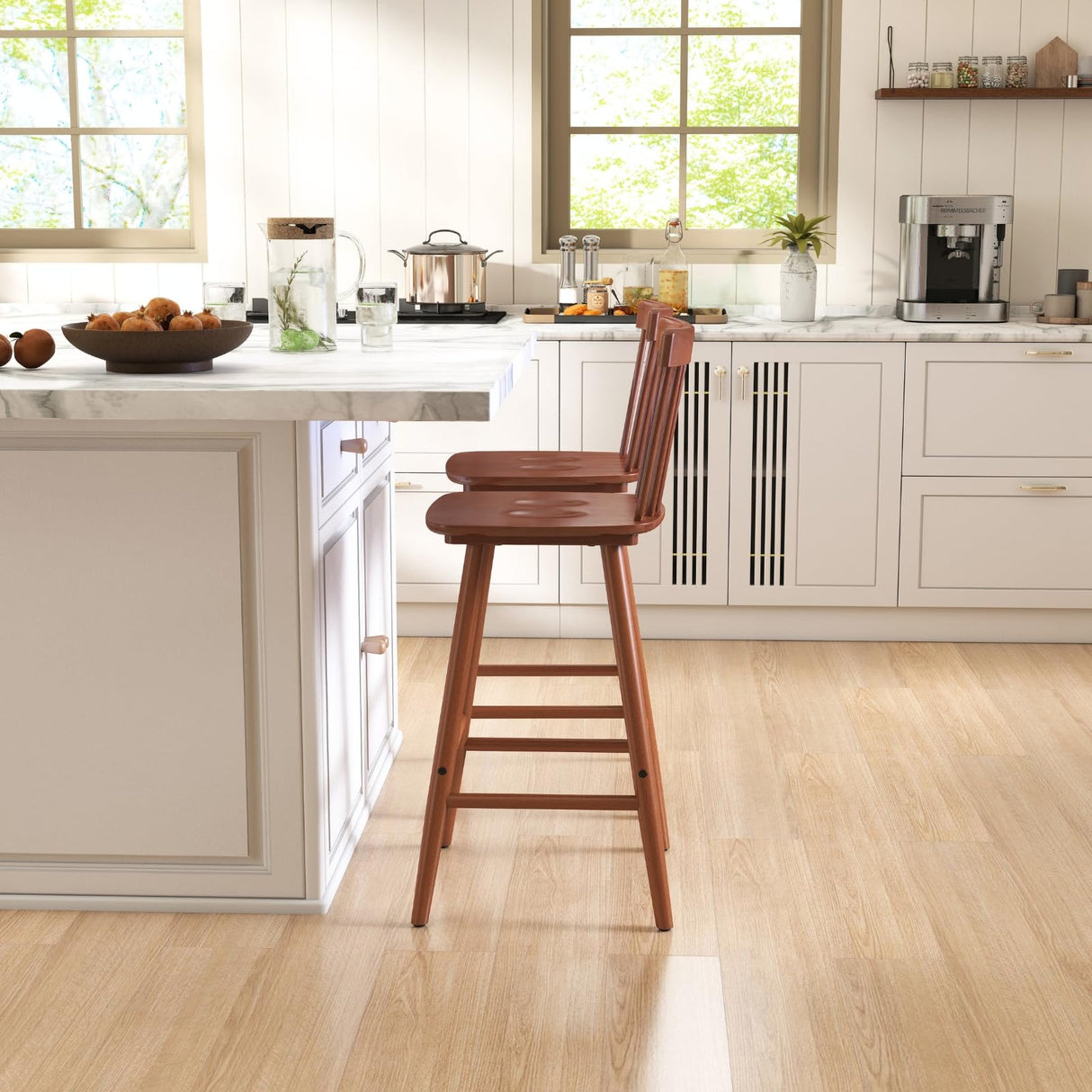 chairus 26" Farmhouse Wooden Bar Stools Set of 2, Windsor Spindle Back Counter Height Stools, Modern Armless Bar Chairs for Kitchen Island Dining Room Cafe, Walnut Brown chairus