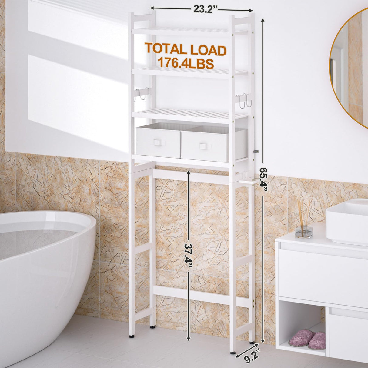 Cozivolife Over The Toilet Storage with 2 Baskets,4-Tier Bamboo Over Toilet Organizer Rack with Paper Holder & 4 Hooks & Waterproof Feet Pad,Freestanding Above Toilet Shelf for Bathroom(White) Cozivolife