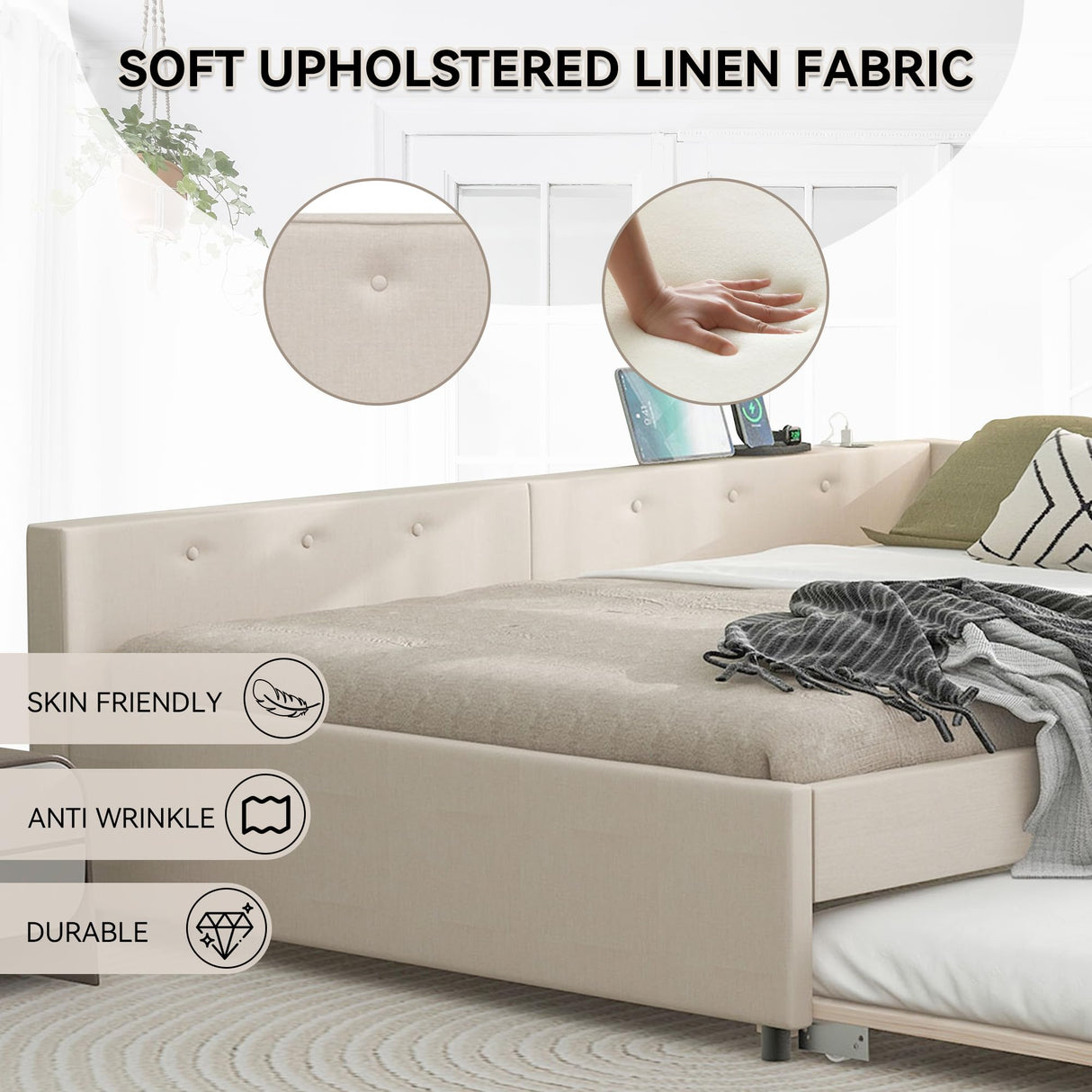 GM Ultra Queen Size Upholstered Daybed with Twin Size Trundle and USB Port, Comfy Linen Fabric Corner Day Bed Frame, Modern L Shaped Sofa Bed Frame with Wood Slats, Easy Assembly, Beige GM Ultra