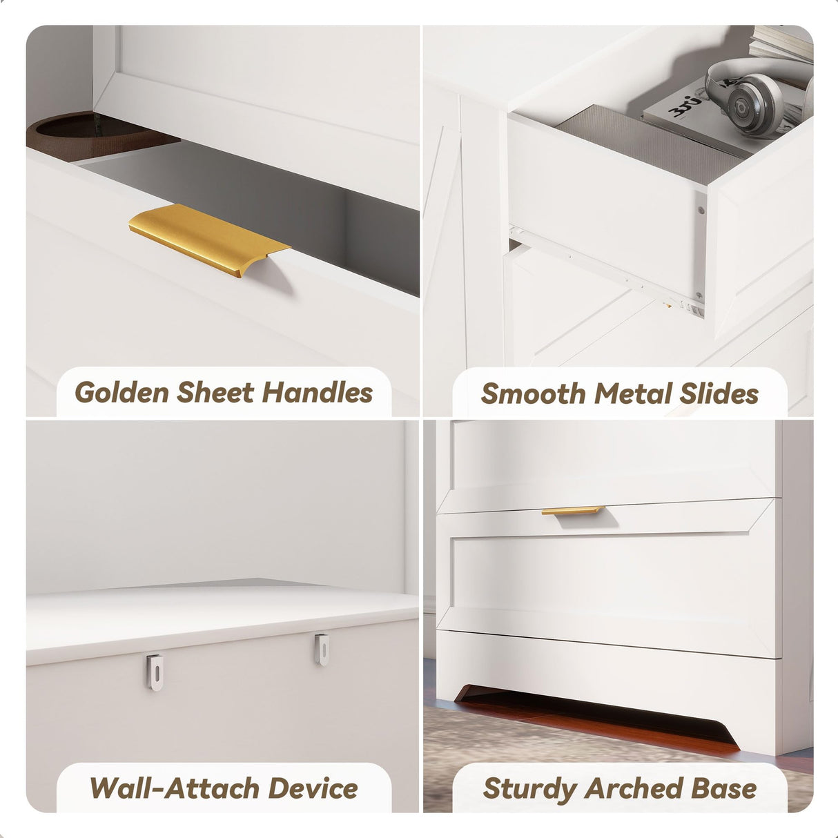 FTZxHKLX White 4 Drawer Dresser for Bedroom, Tall Bedroom Dresser with Large Drawer & Golden Handles, Wooden Storage Organizer Cabinet Chest of Drawer for Closet, Living Room, Hallway, Children's Room FTZxHKLX