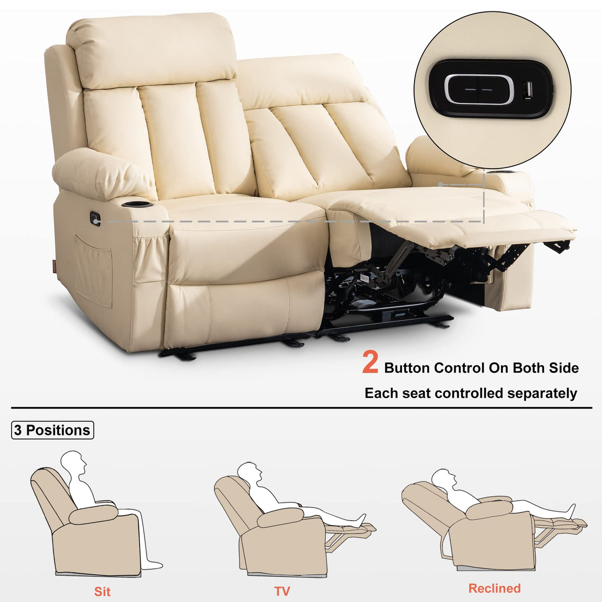 MCombo 61" Zero Gravity Power Loveseat Recliner with Heat and Vibration Massage, Reclining Loveseat Sofa with USB Ports, Cup Holders for Living Room, Faux Leather 6075 (Cream White) MCombo