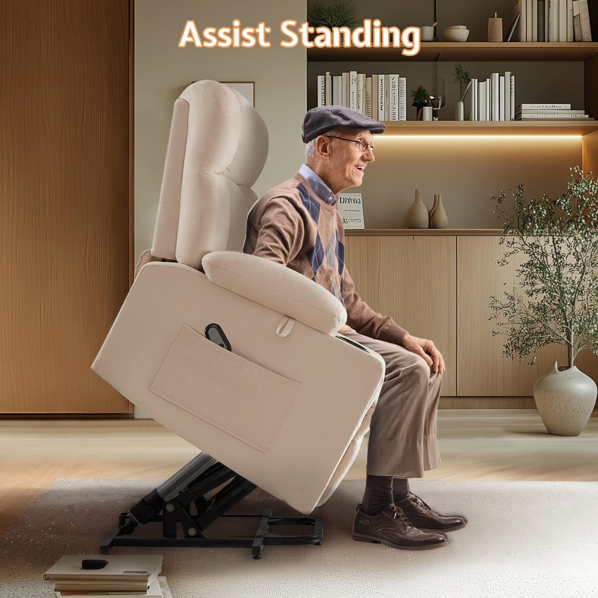 Jocisland Large Power Lift Recliner Chairs for Adults, Lazy Boy Reclining Chair for Elderly, Electric Recliners Sofa with Cupholder, Remote Control, Side Pockets for Living Room Bedroom (Beige) Jocisland