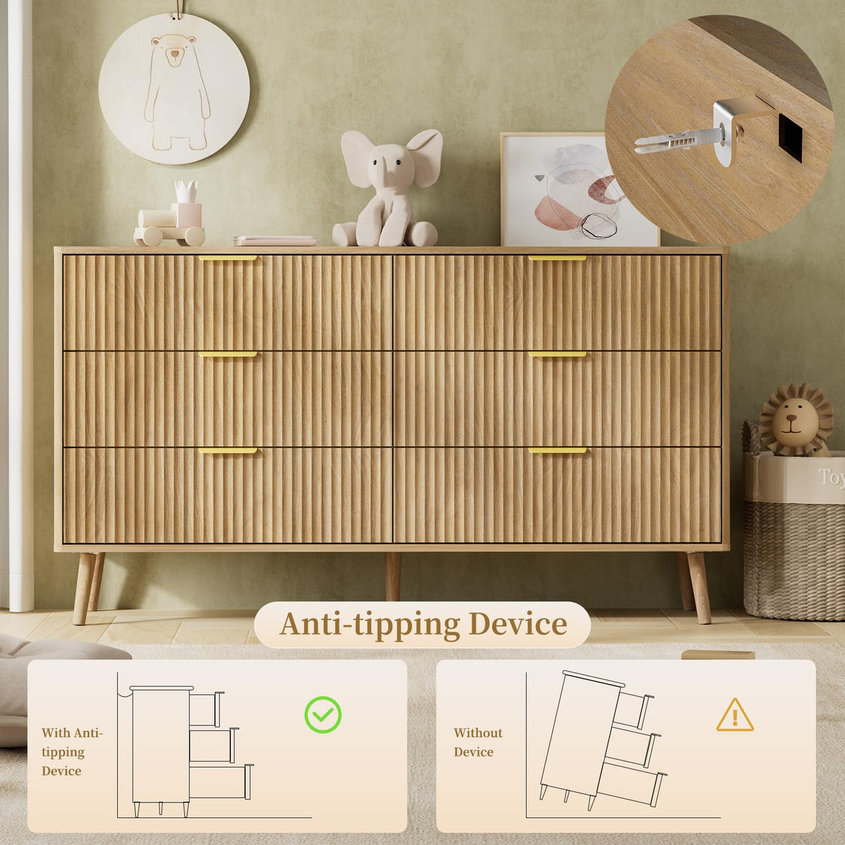 LYNSOM 6 Drawers Fluted Dresser for Bedroom, 55" Wide Modern Chest of Drawers with Metal Handle and Curved Profile Design, Dresser TV Stand, Wood Drawer Organizer for Living Room, Hallway, Natural Oak LYNSOM