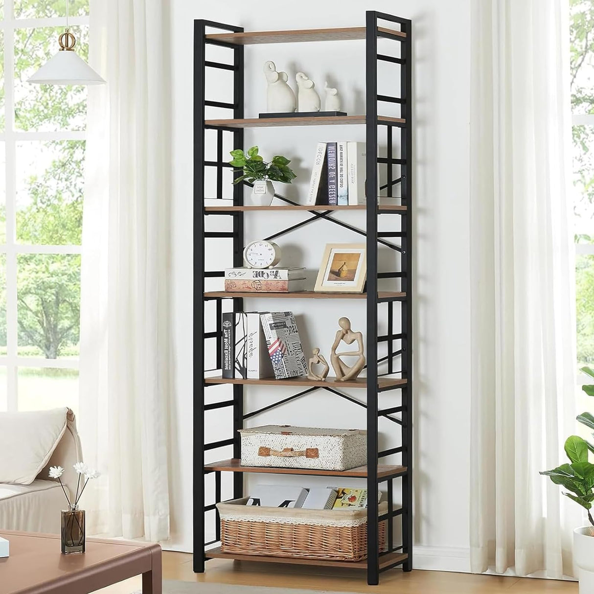HOMBAZAAR 7 Tier Bookshelf,84 inch Tall Industrial Bookcase with Metal Frame and Open Shelves,Rustic Heavy Duty 7 Shelf Bookcase, Office Book Shelves for Living Room and Bedroom,Brown HOMBAZAAR