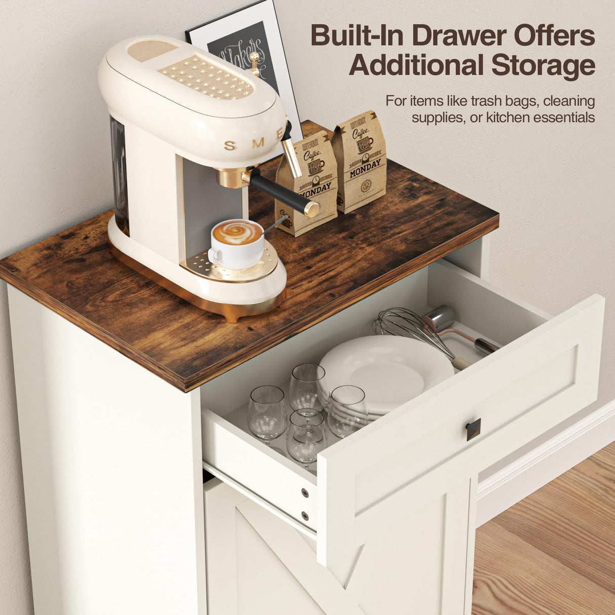 Tilt Out Trash Cabinet, Farmhouse Trash Can Cabinet w/Negative ion, Dog Proof 10 Gallon Garbage Can Cabinet for Kitchen, Bathroom, Living Room, White Halitaa