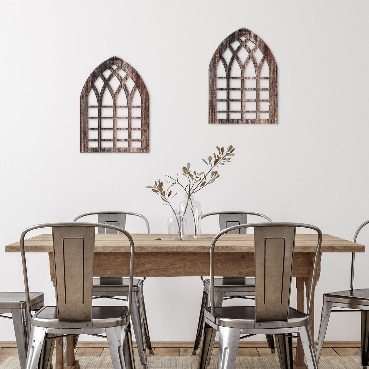 Yulejo 2 Pcs Rustic Window Frame Wall Decor Wooden Farmhouse Wall Decor 15.75'' x 11'' Arched Cathedral Window Home Decor Fake Window Pane Wall Art for Entryway Living Room Bedroom(Dark Brown) Yulejo