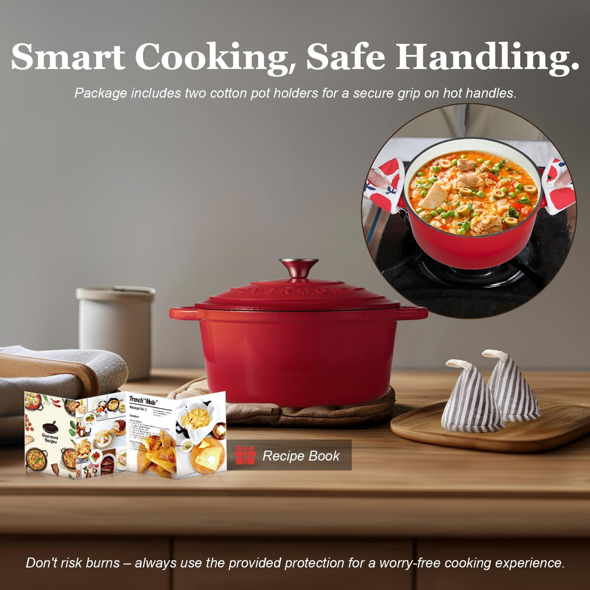 Overmont Enameled Cast Iron Dutch Oven - 5.5QT Pot with Lid Cookbook & Cotton Potholders - Heavy-Duty Cookware for Braising, Stews, Roasting, Bread Baking red Overmont