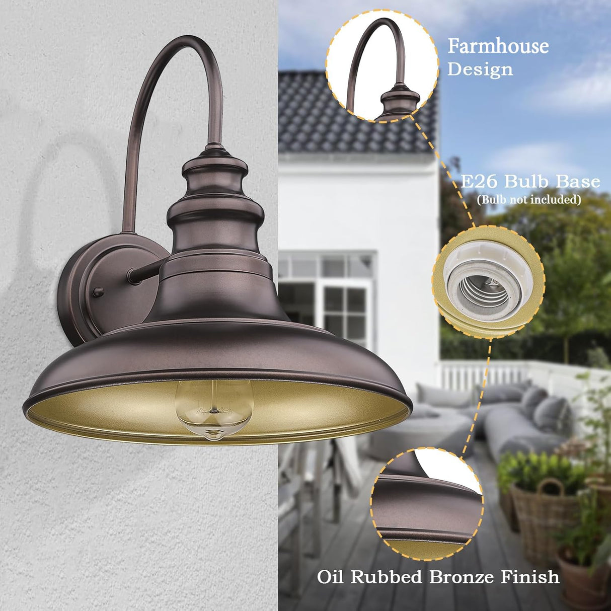 Diyel Outdoor Barn Light Fixture Farmhouse Wall Mount Light Wall Sconce Exterior Wall Lighting Fixture Industrial Bronze Finish Lantern for Porch with Gold Interior, 1Pack, RZ004 ORB Diyel