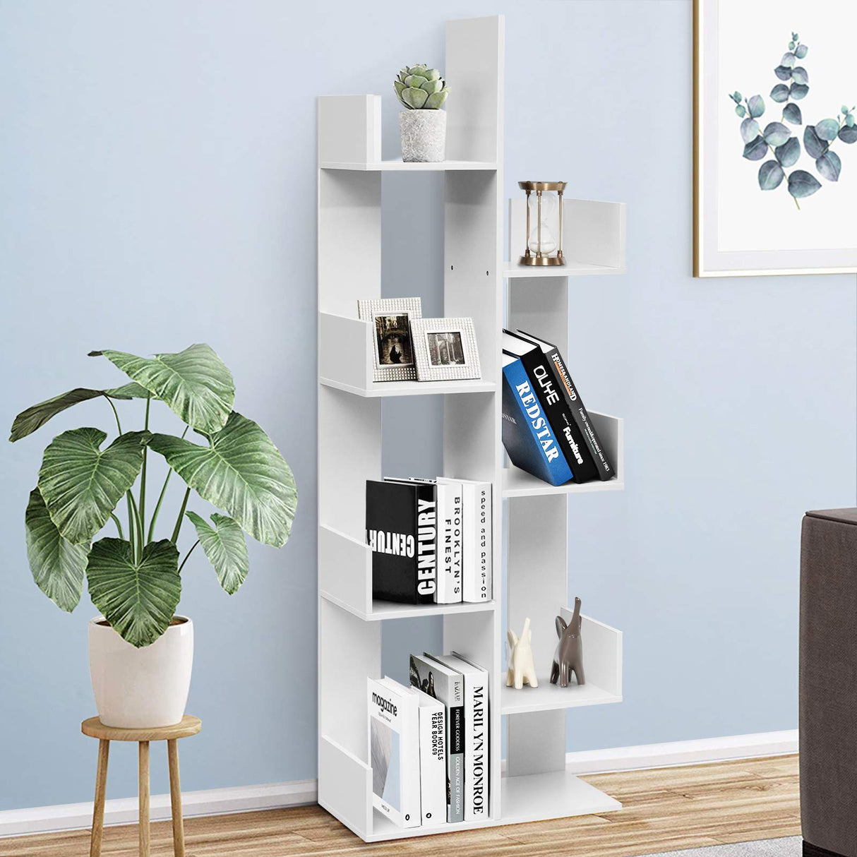 Tangkula 8 Shelf Bookshelf, Tree Bookcase with 8 Book Shelves, Freestanding Room Dividers, 57 x 20 x10 Inch, Display Storage Shelf for Books CDs Plants, Wooden Bookshelf for Home Office Decor Tangkula