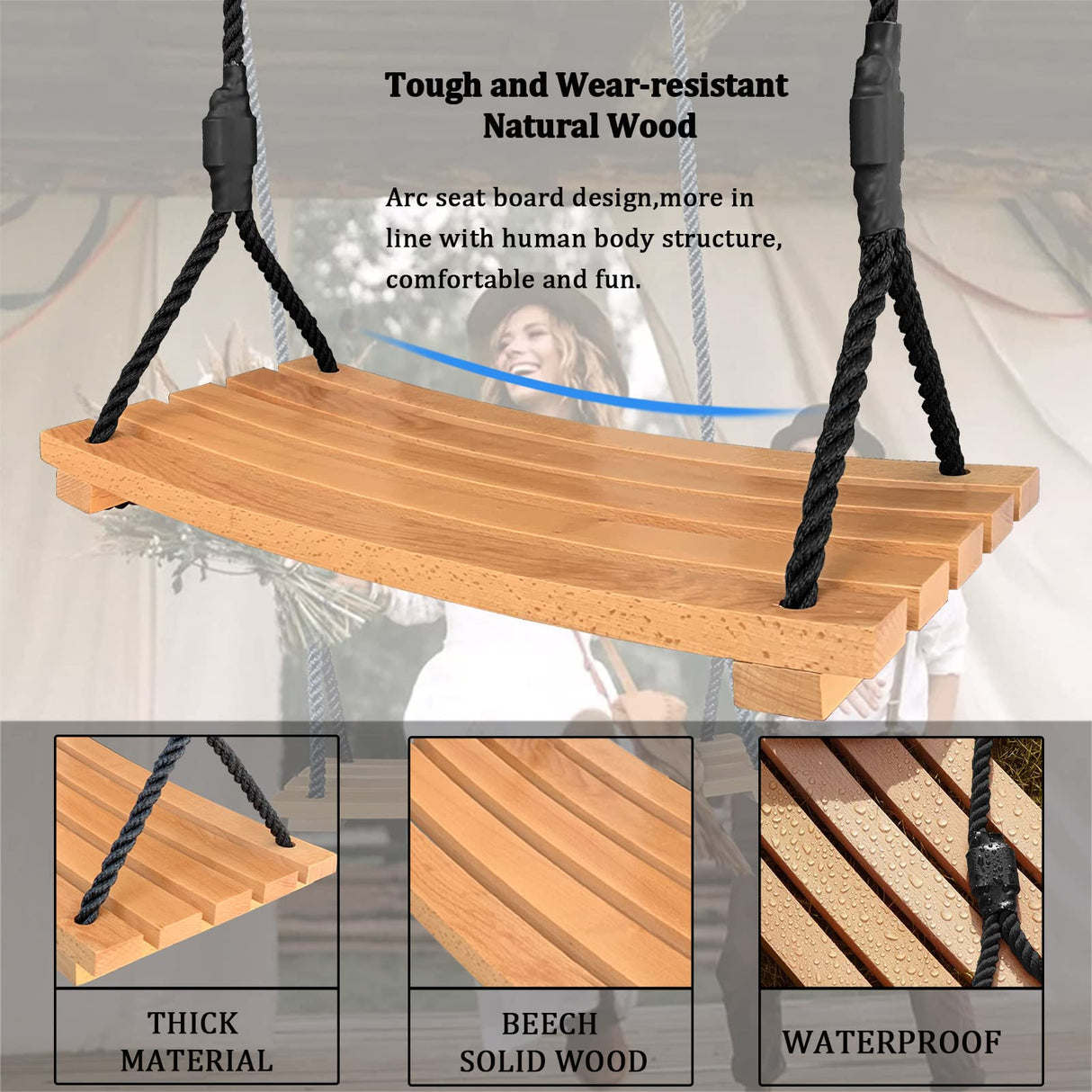 Wooden Tree Swing Adults Kids Indoor Outdoor Adjustable Rope Hanging Wood Swing Set with 2 Carabiner Hooks for Tree Branch Porch Patio Garden (22"x10") Favuit