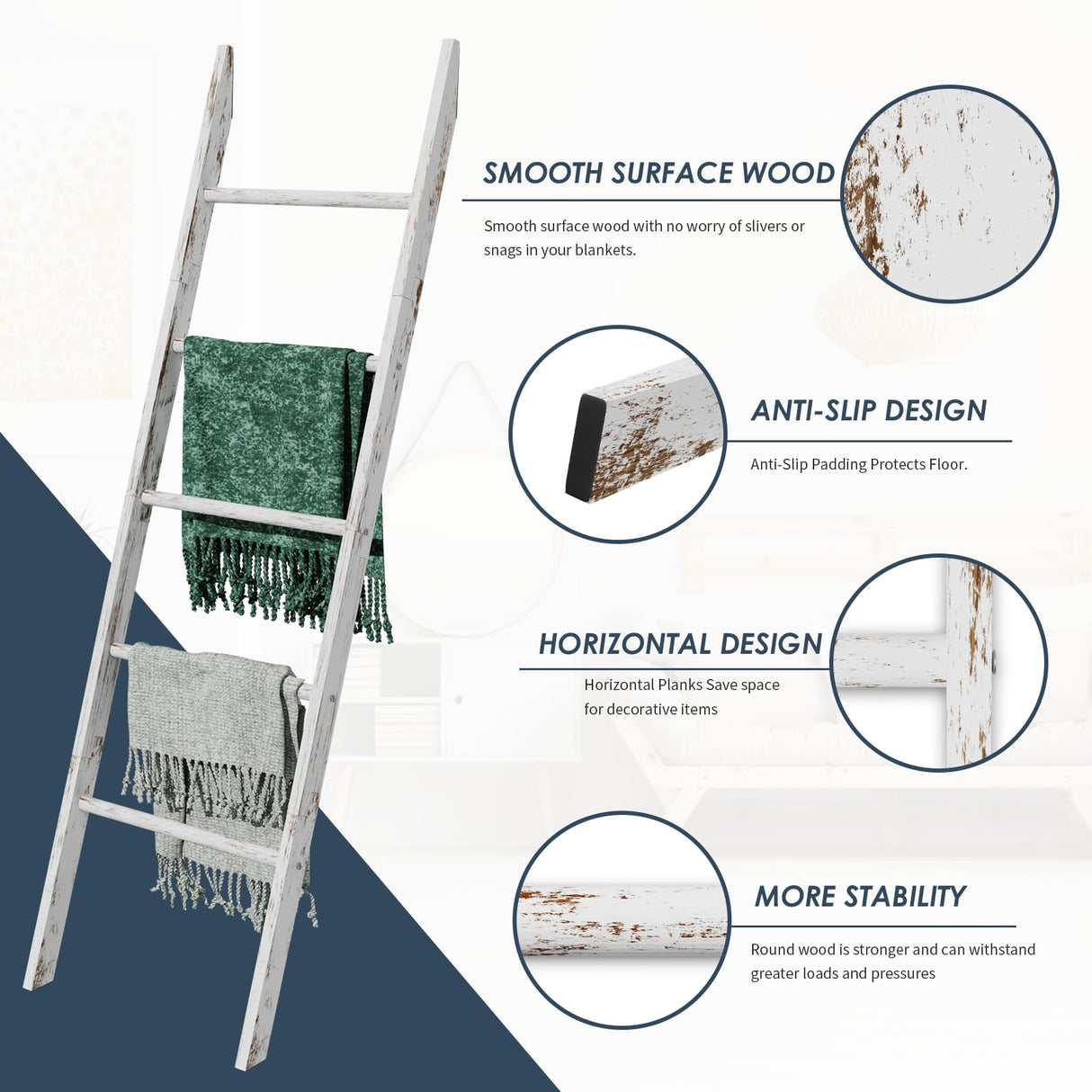 5-Tier Blanket Ladder Wooden, 5.3FT(63'') Blanket Quilt Holder Rack Decorative Ladder, Easy Assembly, Rustic Farmhouse Ladder Shelf for The Living Room Bedroom Bathroom Home Decor, White Wash Delywh