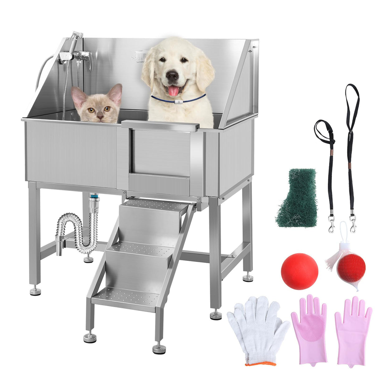 38" Pet Dog Bathing Station W/Ramp, Professional Stainless Steel Dog Grooming Tub W/Floor Grate, Faucet, Dog Bathtub for Large,Medium,Small Pets, Washing Sink for Home,R-Door RIGMEC