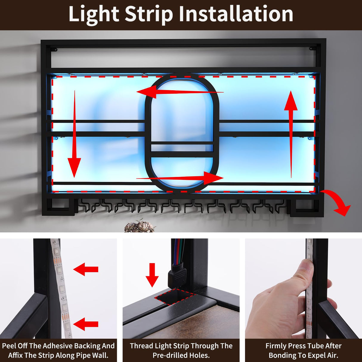 3-Tiers 47in Wine Rack Wall Mounted with LED Light, Floating Bar Shelves for Liquor Bottles Metal Industrial Display Shelf for Home Kitchen Bar Cafe Decoration, No Assembly Required Boshen