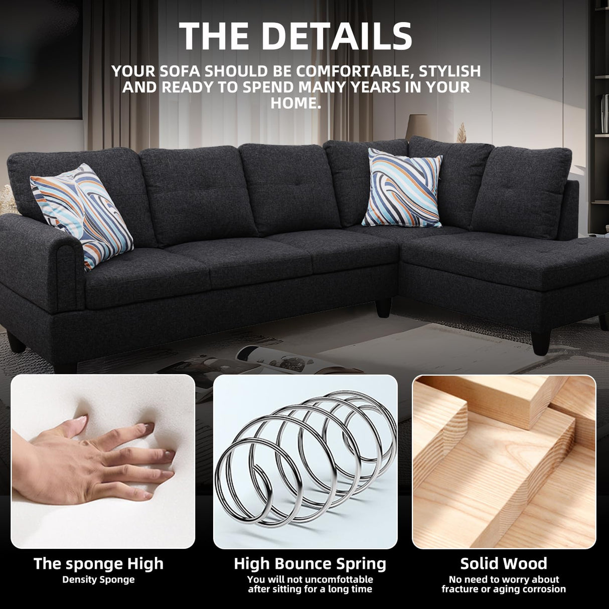 GlasFlength L Shaped Sectional Couch Sofa with Ottoman, Modern Couches for Living Room, Microfiber Facing, Bedroom GlasFlength