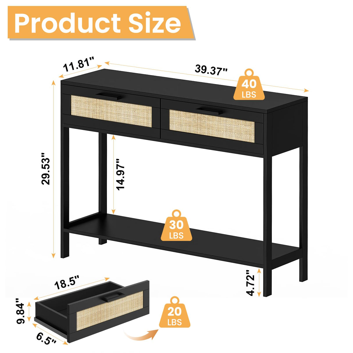 Derfullo Rattan Console Table - Boho Rattan Entryway Table with 2 Storage, Wood Small Console Tables for Entryway, Entry Table for Hallway, Sofa Table Derfullo