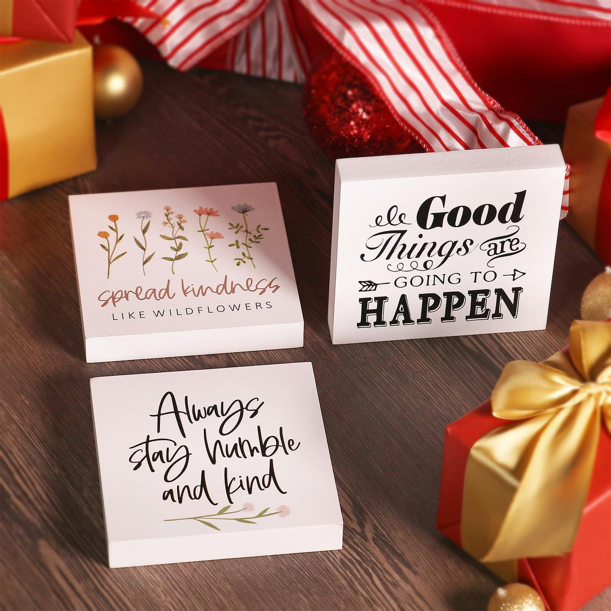 Decor unlimited Farmhouse Decor, 3 Pcs 5x5 Inches Office Home Sayings Wooden Block Signs - Funny Quotes for Tiered Tray Wood Signs Decor - Wooden Block Signs Set Table Centerpiece Decorations for Home Office Shelf Desk Decor unlimited