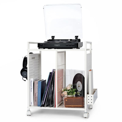 PLKOW Record Player Stand Audio-Video Organizer Rack, Rolling Media Stand for Vinyl Display, AV Components, Game Discs, Controllers & Headphones (White)