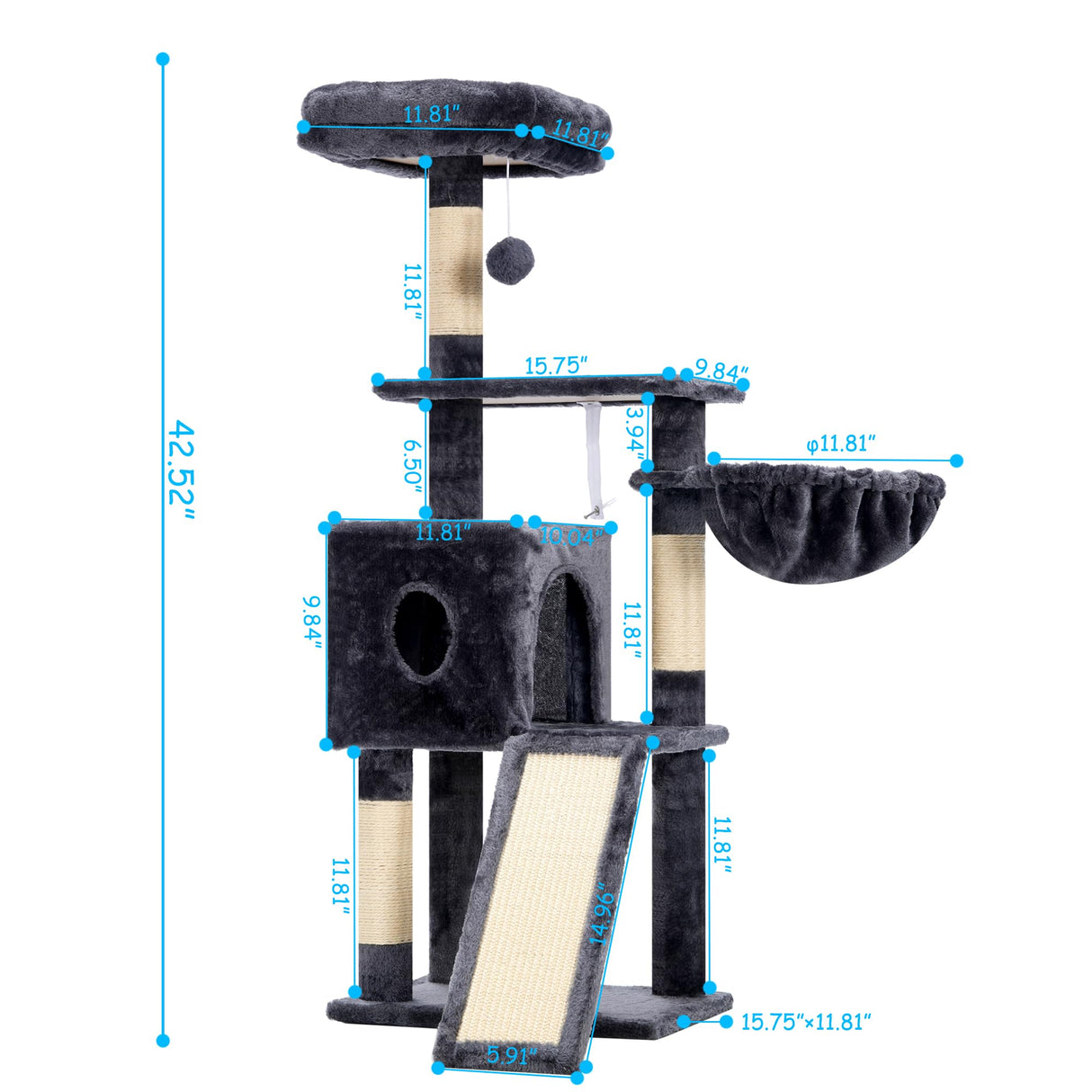 Hey-brother Cat Tree, 42.5-Inches Cat Tower for Indoor Cats, Plush Multi-Level Kitten Cat Condo with Scratching Post, Ramp, Basket, Spacious Cat Cave, Hanging Ball, Smoky Gray MPJ007SG Hey-brother
