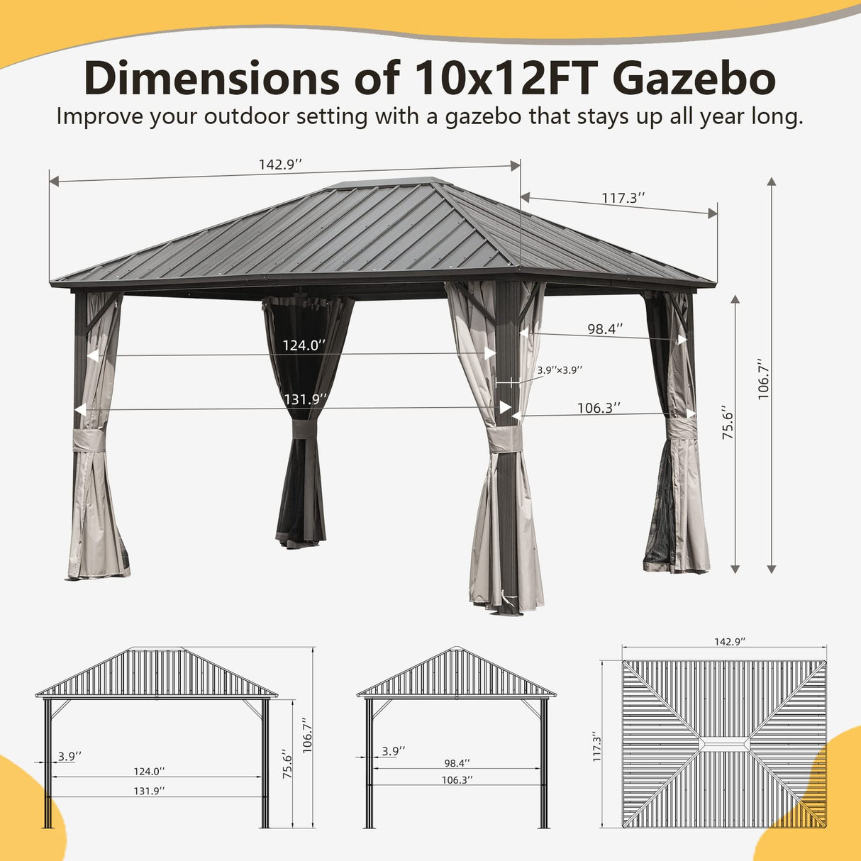 Domi Hardtop Gazebo 10' X 12', Permanent Outdoor Galvanized Steel Roof Gazebo with Aluminum Frame, Pavilion Metal Gazebos with Netting & Curtains for Garden, Patios, Lawns, Parties(Dark Brown) domi outdoor living