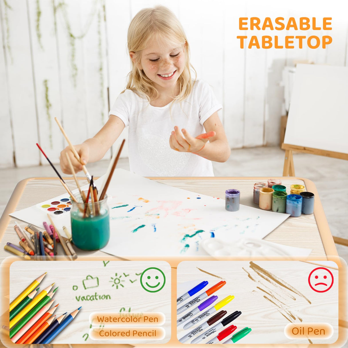 JOYMOR Height-Adjustable Kids Table and Chair Set w/ 2 Pen Boxes(2 Chairs Included), Activity Table and Chairs for Kids 2-5 Suitable for Crafts and Study w/Anti-Slip Chair Legs (Beige) JOYMOR