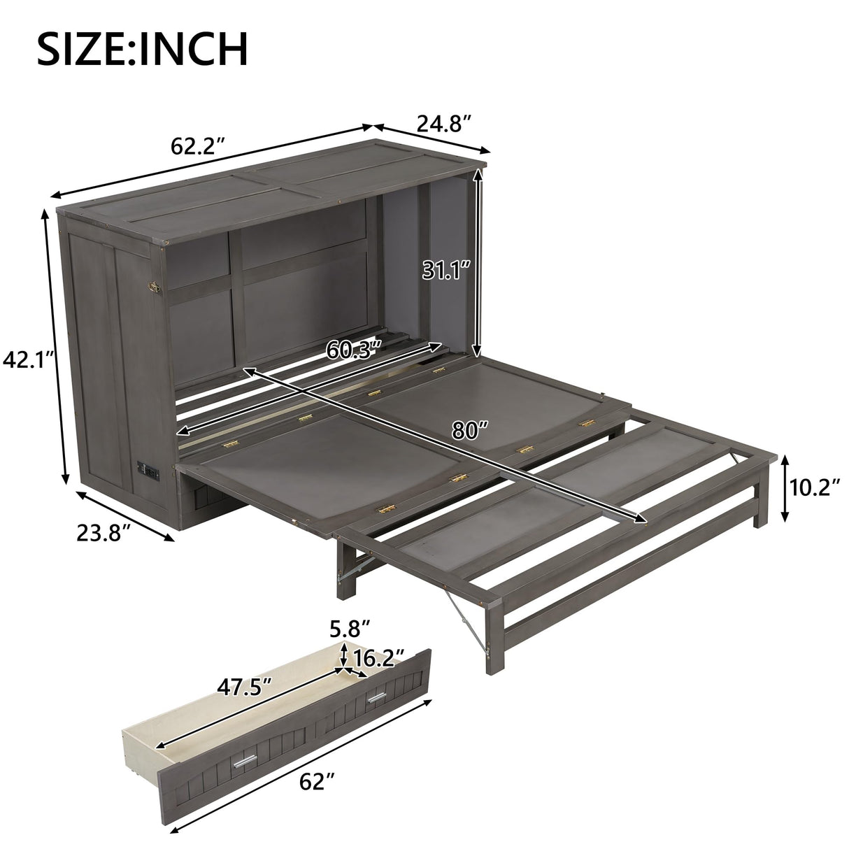 Harper & Bright Designs Murphy Bed Queen Cabinet Built-in USB Charging Station and Large Storage Drawer, Hidden Guest Cube Chest Beds for Bedroom/Living Room/Apartment Gray Harper & Bright Designs
