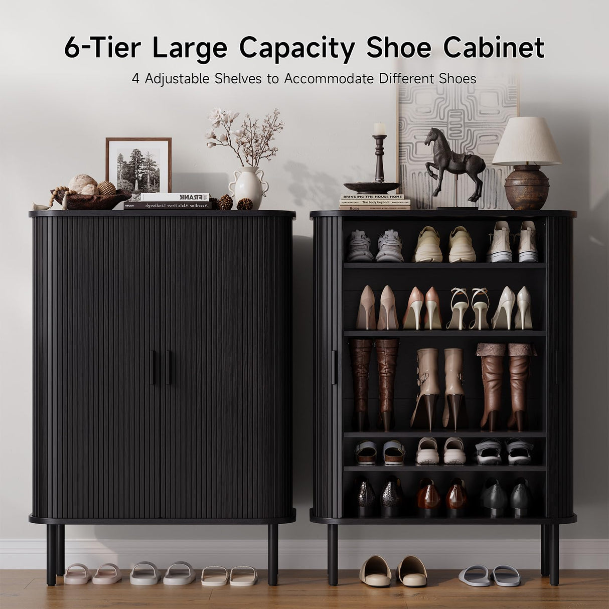 ONBRILL 6-Tier Shoe Cabinet with Sliding Door, Wooden Shoe Storage Cabinet with Adjustable Shelves, Mid-Century Modern Freestanding Shoe Storage Organizer for Entryway, Hallway, Living Room, Black ONBRILL