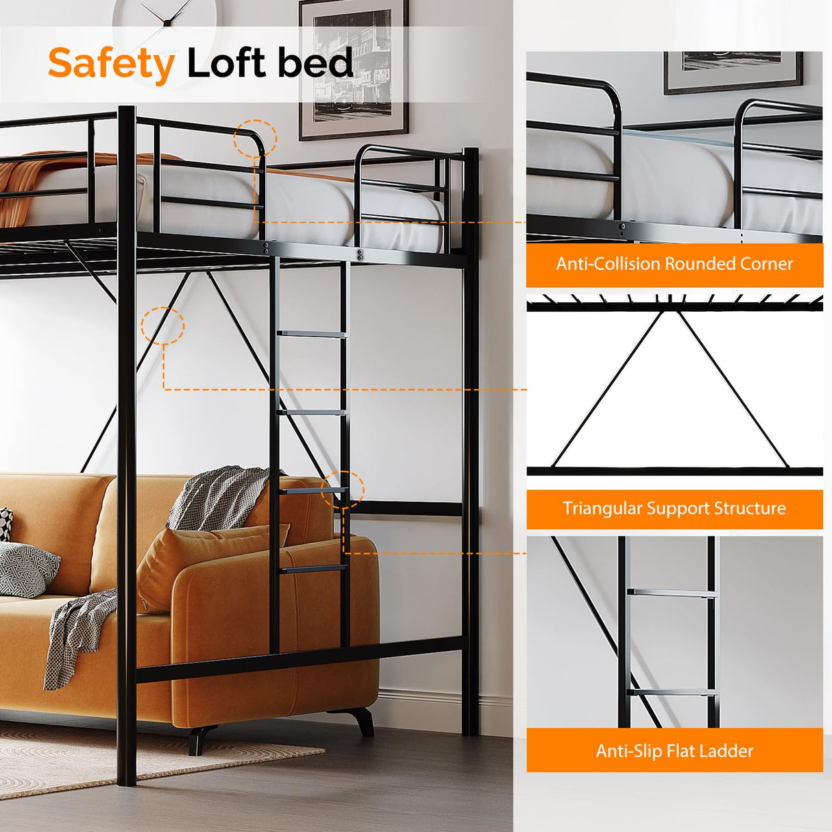 VINGLI Queen Loft Bed with Flat Rungs for Adults, Kids and Young Teens, No Box Spring Required,Heavy Duty Metal Slat Support, Black VINGLI