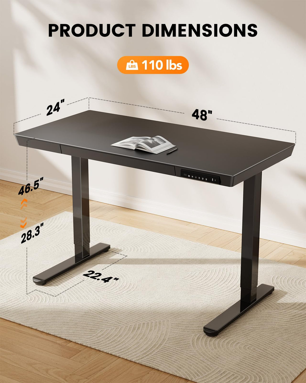 ErGear Standing Desk with Drawer, Glass Top One Piece, 48x24 inch Height Adjustable Desk, Electric Standing Desk with Charging Ports, Sit Stand Up Desk for Home Office(Black Glass Top) ErGear