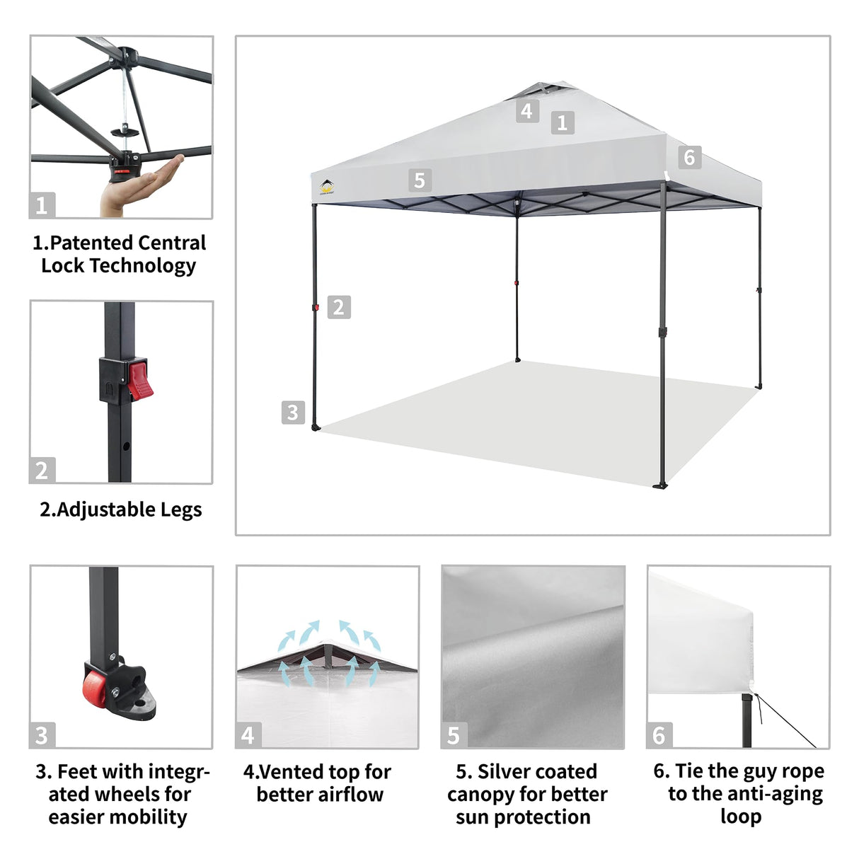 CROWN SHADES 10x10 Pop Up Canopy - Beach Tent with One Push Setup - Outdoor Canopy Tent with STO-N-Go Cover Bag for Events, Parties, Silver Coated Top, 3 Height & 4 Sand Bags, White CROWN SHADES