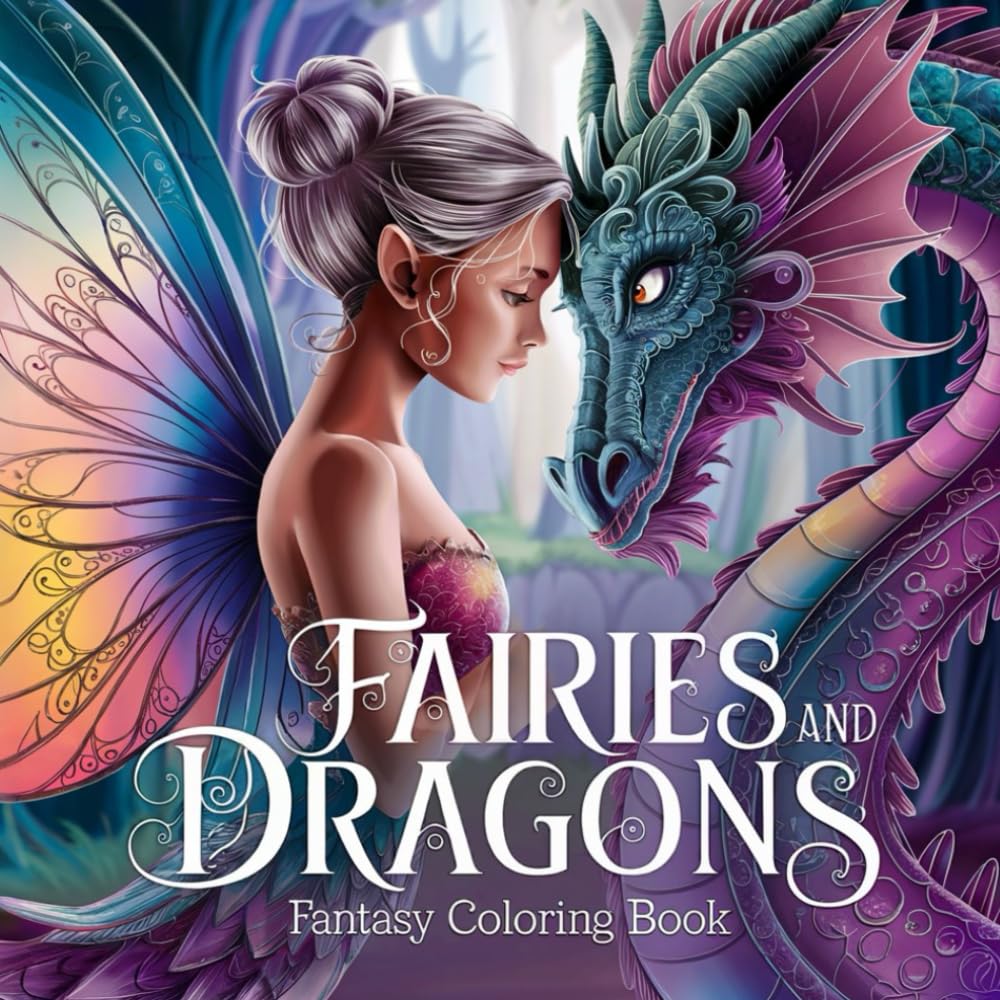 Fairies and Dragons: Fantasy Coloring Book: 8.5 "x 8.5" Magical Fairy and Dragon Illustrations for Stress Relief, Mindfulness and Relaxation (Fantasy Coloring for Relaxation) WoodArtSupply